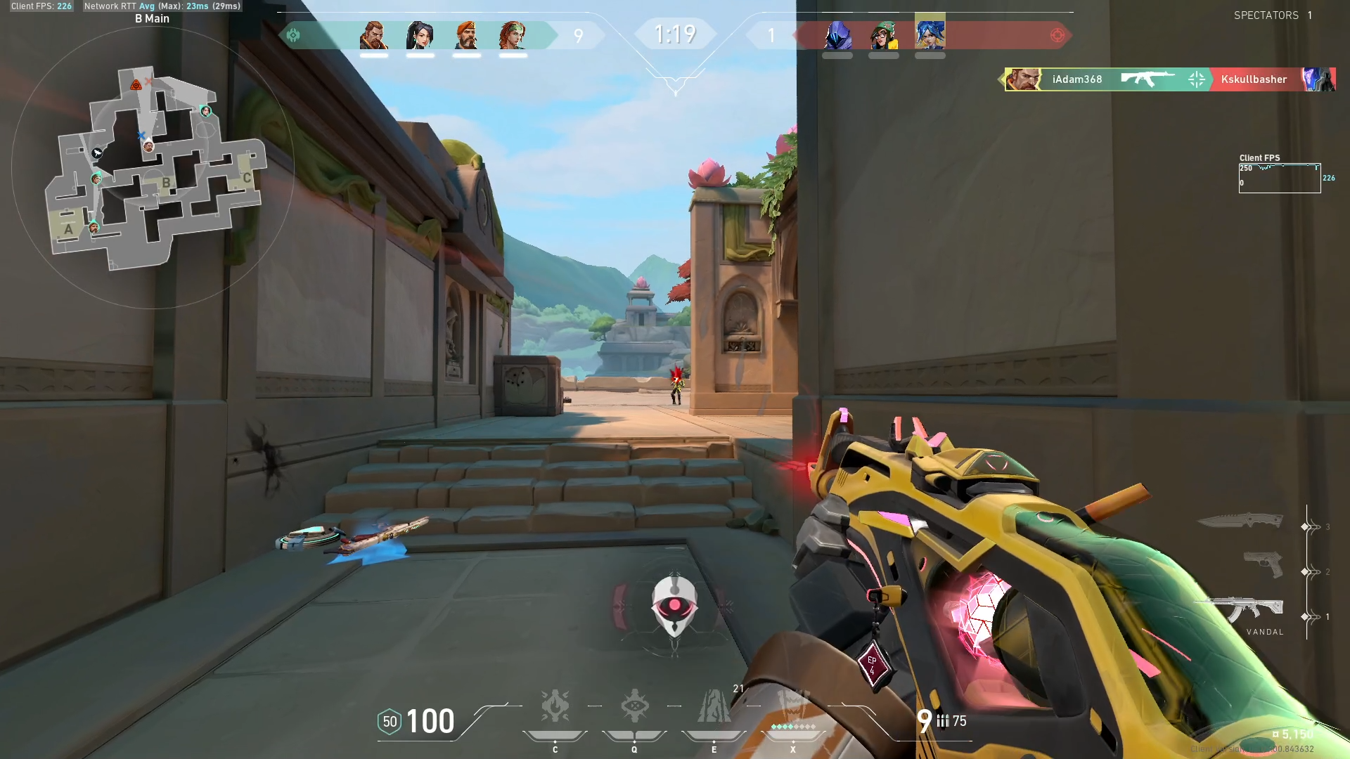 Screenshot of Valorant gameplay where a rifle is fired at an enemy