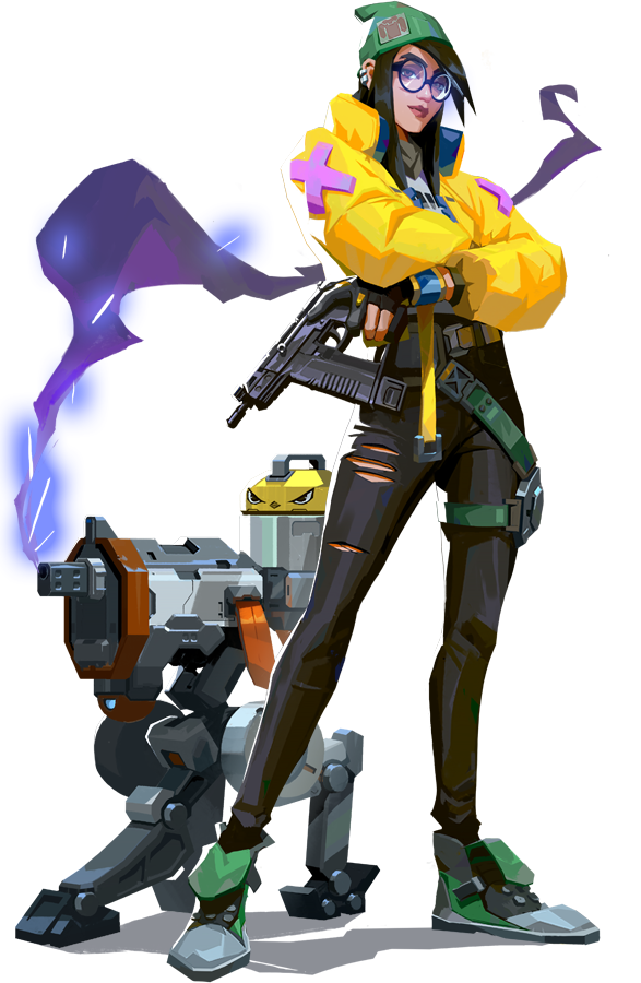 Valorant agent Killjoy standing next to her turret